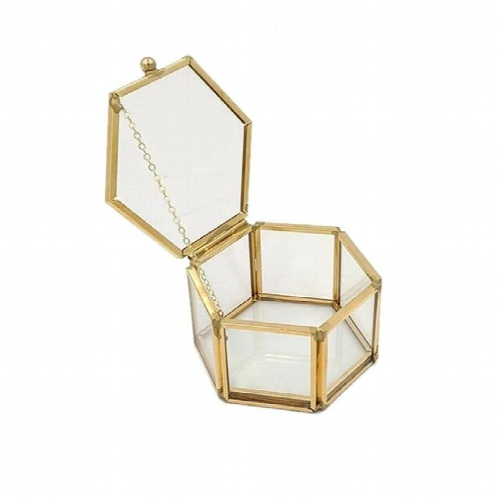 Wedding Ring Jewelry Storage Box Hexagon Transparent Geometric Clear Glass Organizer Case Holder Tabletop Container