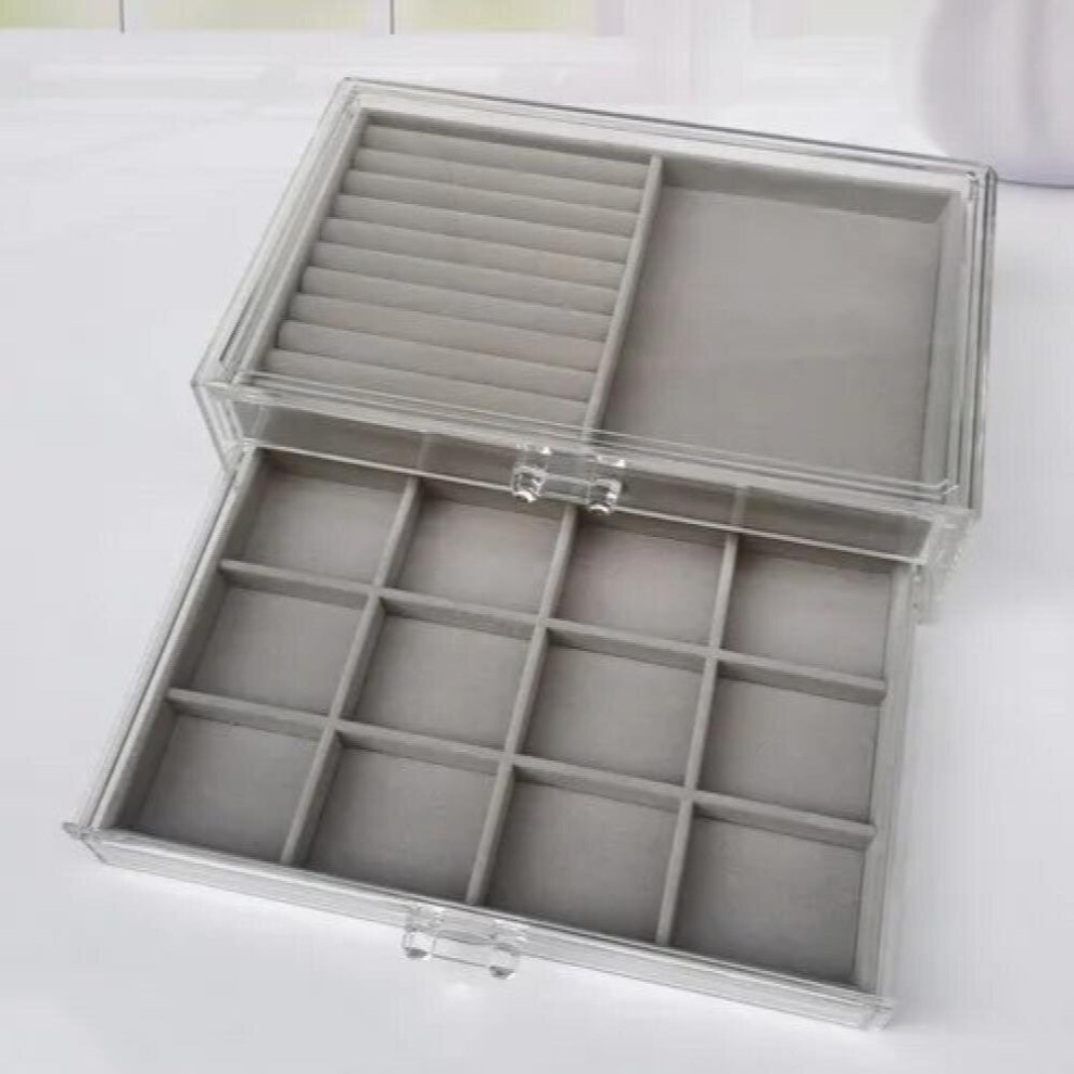 Large Velvet Jewelry Display Organizer Acrylic Jewellery Storage Drawer for Earring-Ring-Bracelet-Hairpin Case 2 Layers Box