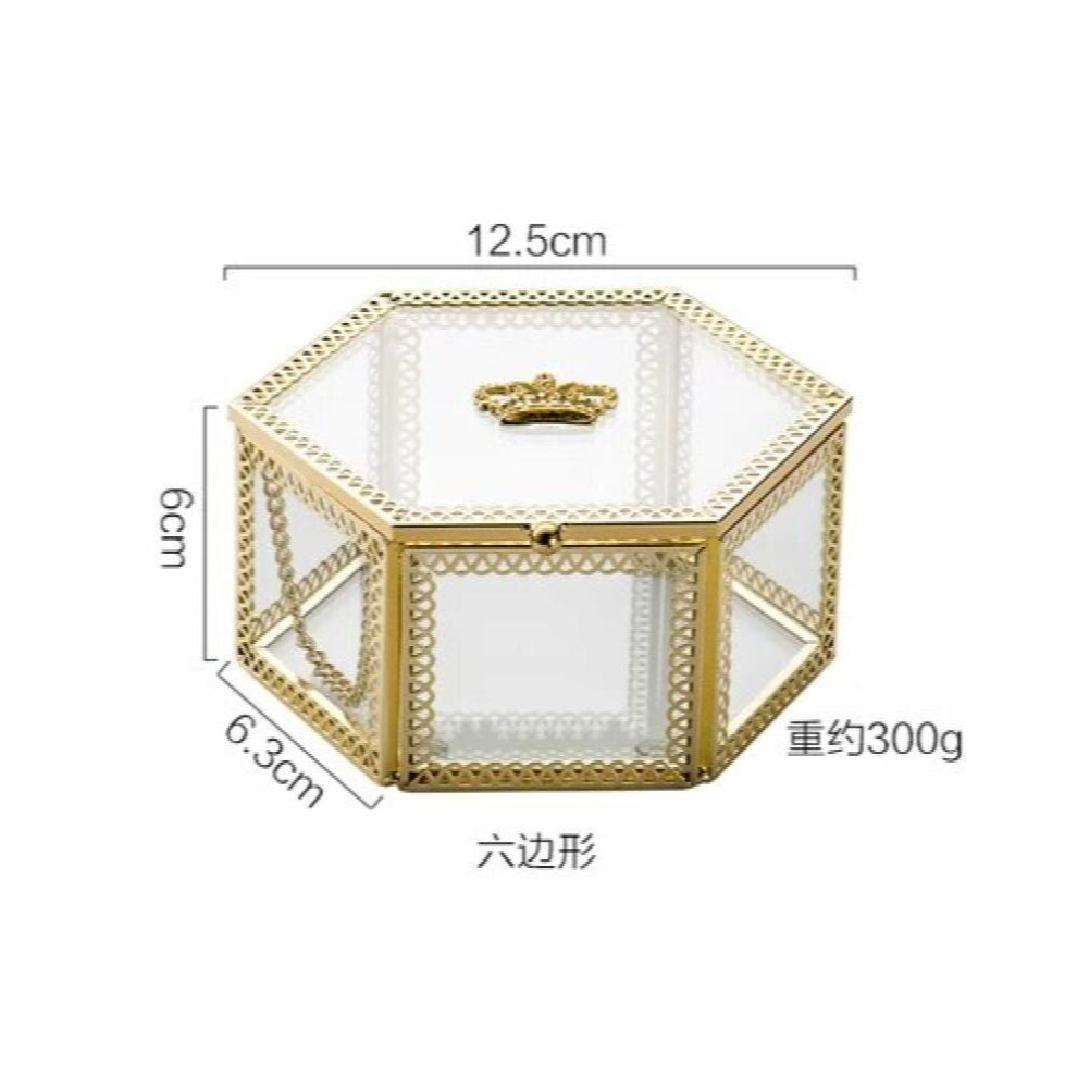 Nordic Style Light Copper Bar Glass Crown Jewelry Box Jewelry Ring Storage Box Cosmetic Box Ornaments Desktop Decoration