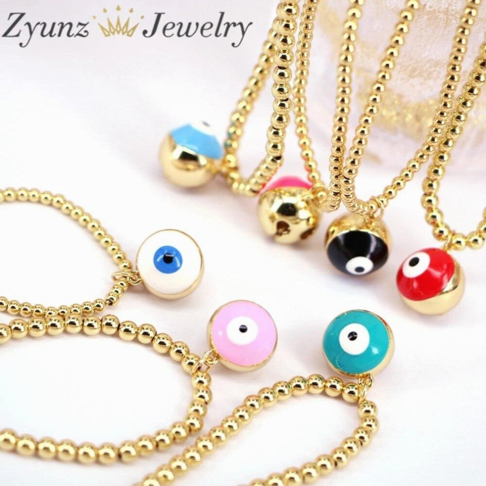 (Light Yellow Gold Color, 70cm) 5PCS, Enamel Eye Pendant Necklace Copper Round Beaded Necklaces for Women Chokers Jewelry