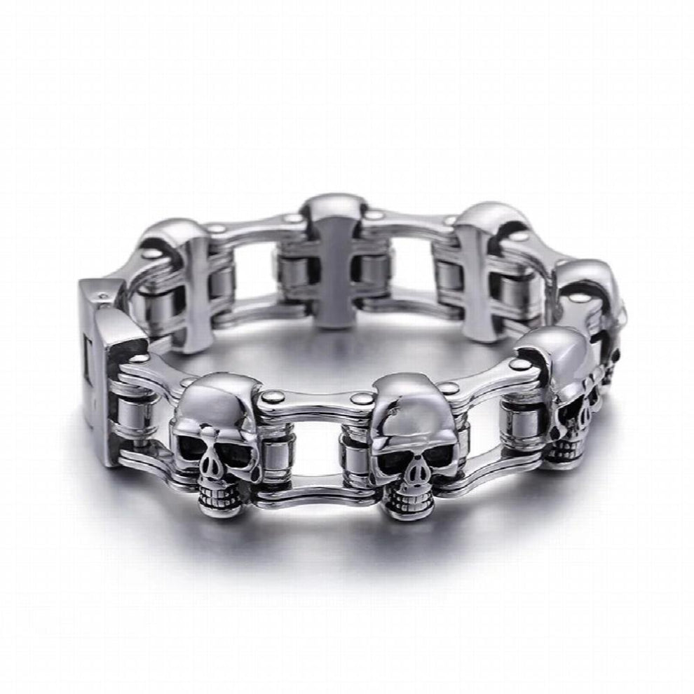High Stainless Steel Link Chian Bracelets Men Heavy Chunky Skull Head Charm Bracelet Punk Biker Jewel