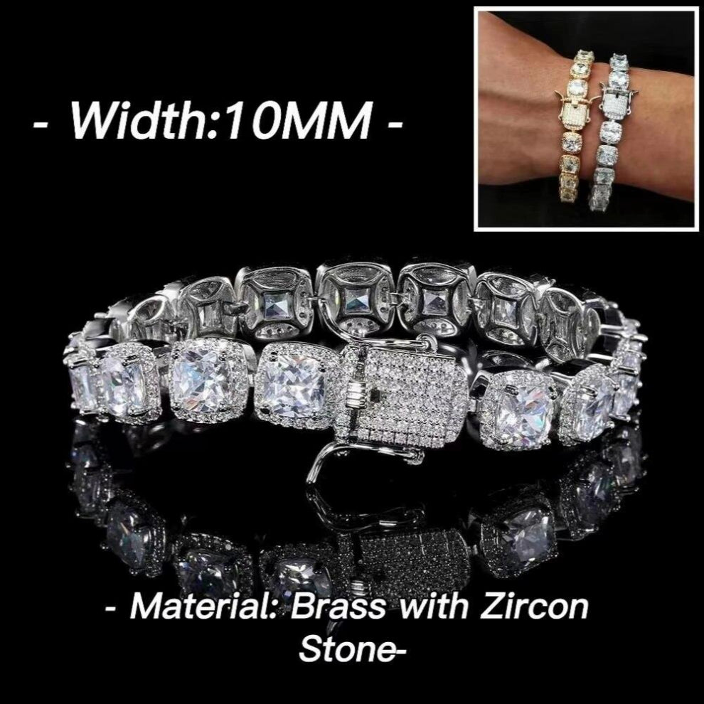 (White) In 10mm Square Diamond Bubble Clustered Hip Hop Iced Out Tennis Bracelet Bling For Men Jewelry