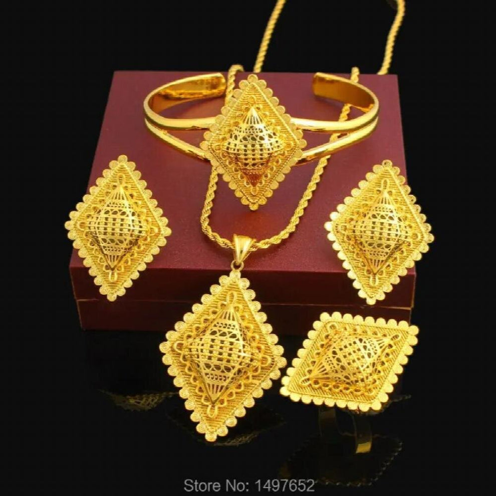 Ethiopian Cross Jewelry Set 24K Necklace-Pendant-Earring-Ring-Bangle African Bridal Wedding Set