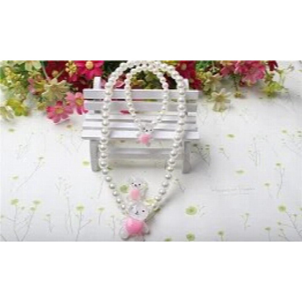 Child Girl 3pcs-set Pearl Pink Beaded Necklace Set Cartoon Bear Rabbit Pendant Necklace Kids Toys Jewellery