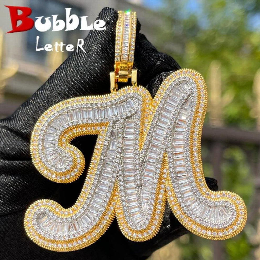 Bubble Letter Cursive Baguette Initial Jewelry Iced Out Prong Setting Pendant Personalized Name Plates Necklace for Women