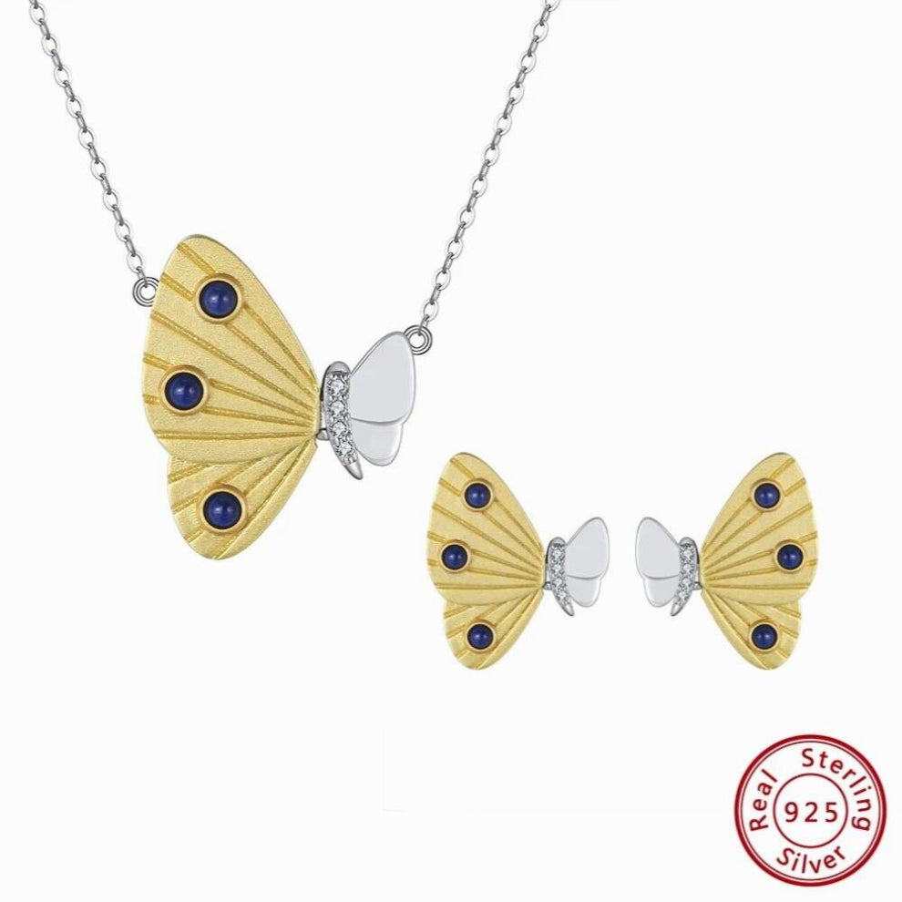 Natural Lapis Lazuli Gemstone Butterfly Set 14K Plated 925 Sterling Silver Necklace-Earrings-Ring Set SSGM11