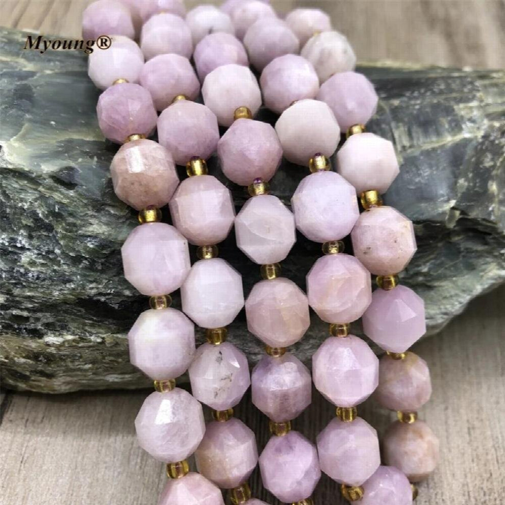 Natural Faceted Round Kunzite Crystal Necklace Bracelete Loose Stone Beads,Purple Spodumene Column Space Beads