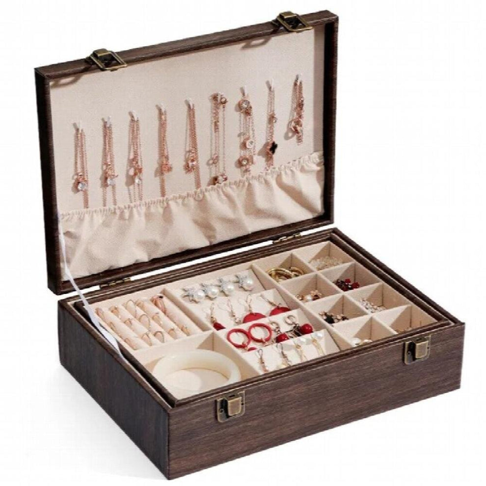 Double-layer Jewelry Box Large Portable Earrings Rings Storage Wood Grain PU Leather Case Necklace Display Jewelers Joyero