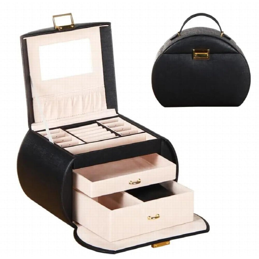 3-Layer Deluxe Synthetic Faux Storage Lockable PU Leather Mirrored Necklace Case Organizer Bracelet Holder Jewelry Box