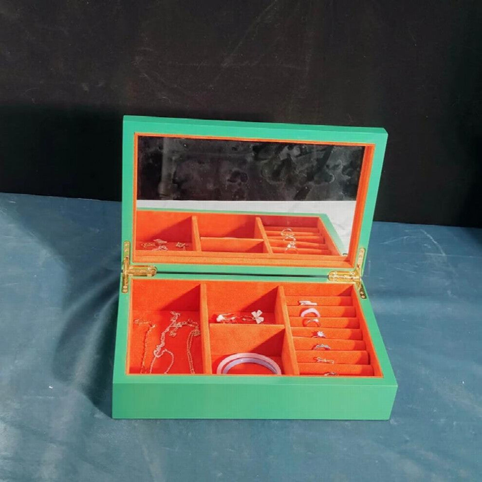 (Green White-Mirror style) Green and Yellow Dustproof Flannel Jewelry Box Storage Display Case Lady Jewelry Organizer Tray Holder for Earrings Rings