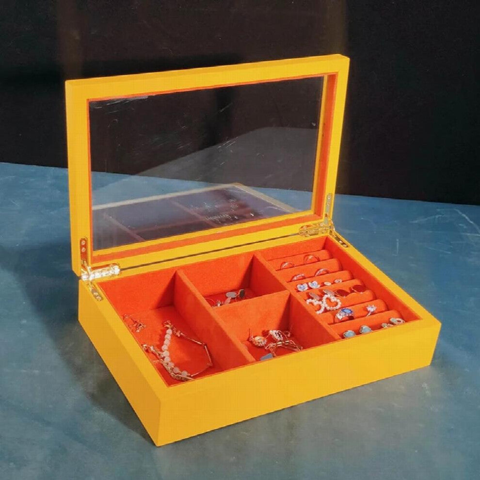 (Yellow White-Transparent style) Newly Wooden Jewelry Organizer Box Multi-function Ring Earring Display Trays Bracelet Storagecase with Transparent Li