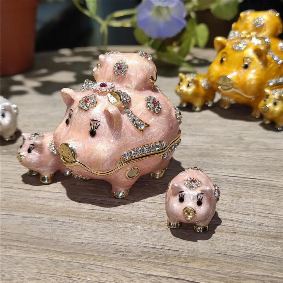 Pewter Pig Trinket Jewelry Box Creative Metal Craft Collectibles Animal Mother with Three Baby Keepsake Case