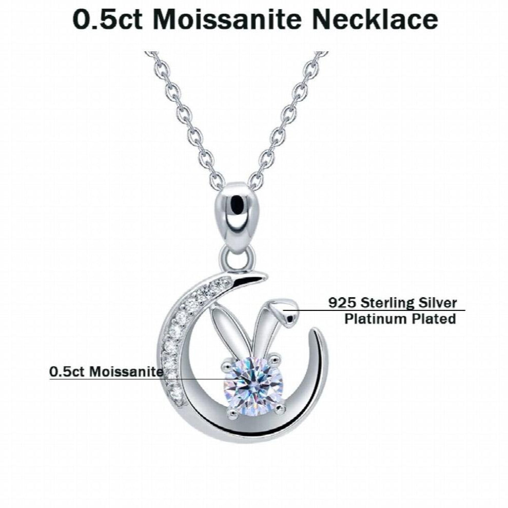 Bunny Necklace Sterling Silver Rabbit and Moon Pendant Necklaces Moissanite Bunny Stud Eearrings For Women Girls
