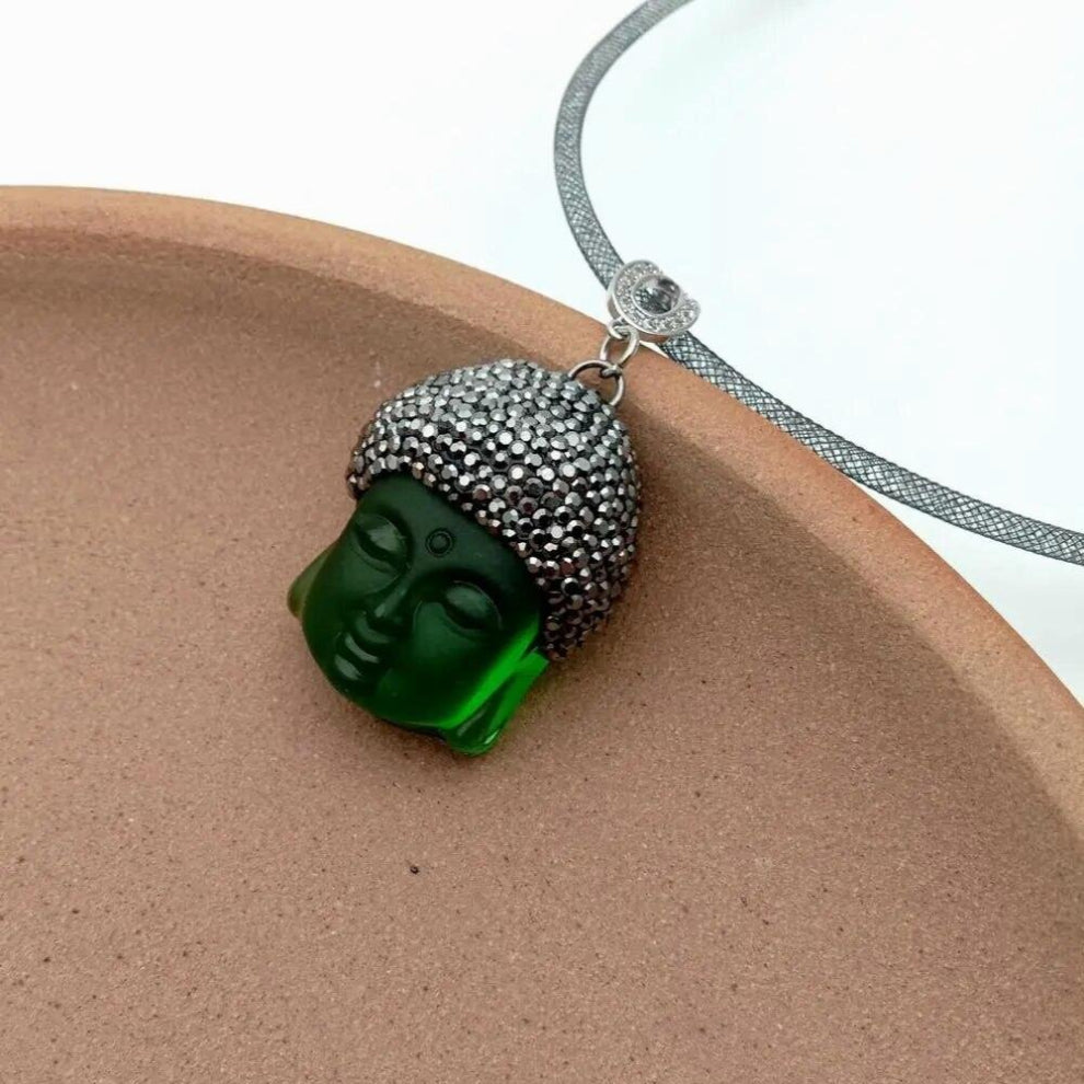KKGEM Rhinestone Pave Choker Necklace 25x36mm Green Quartz Carved Buddha PendantJewelry Gift