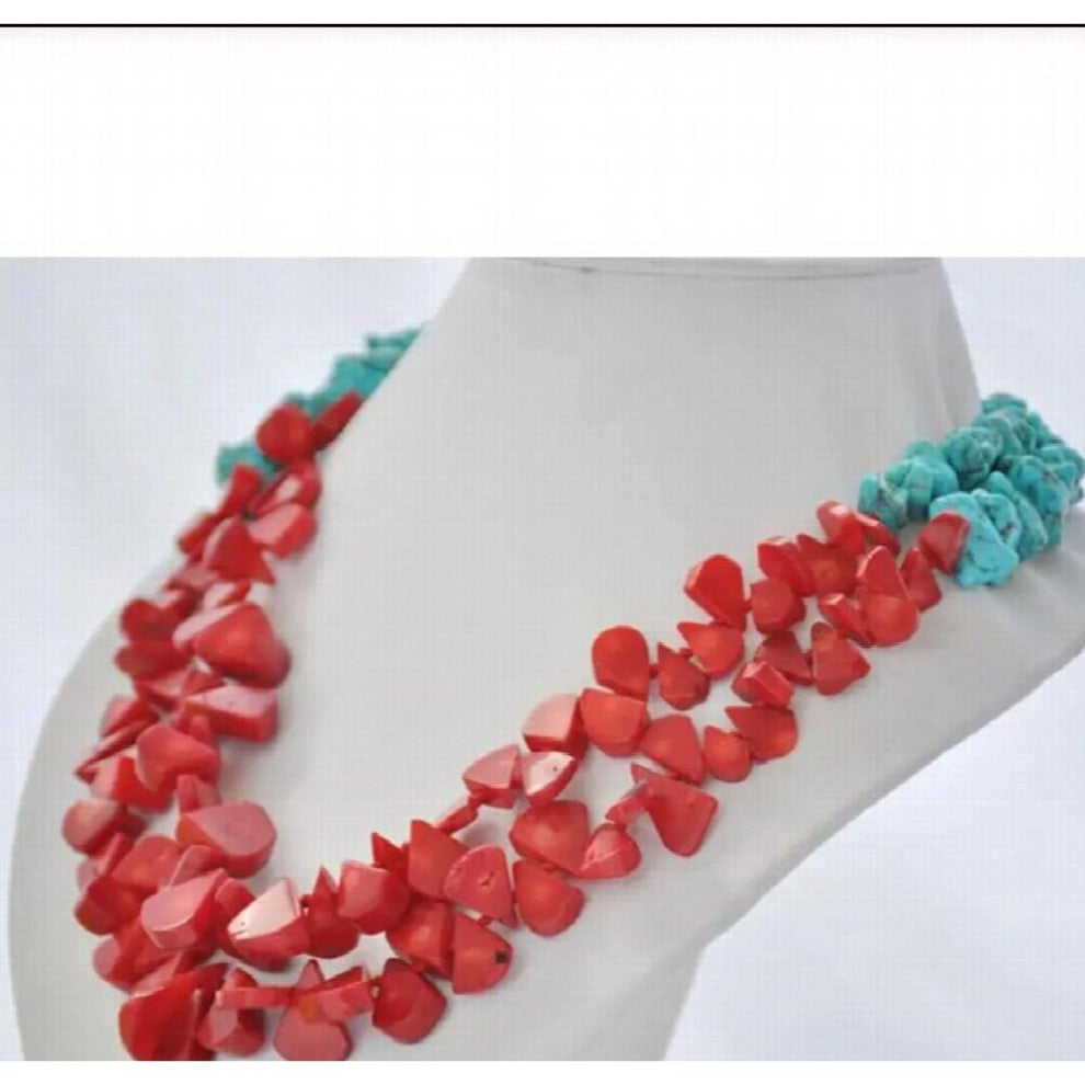 2Strds red coral melon seeds turquoise nubby necklace 20inch
