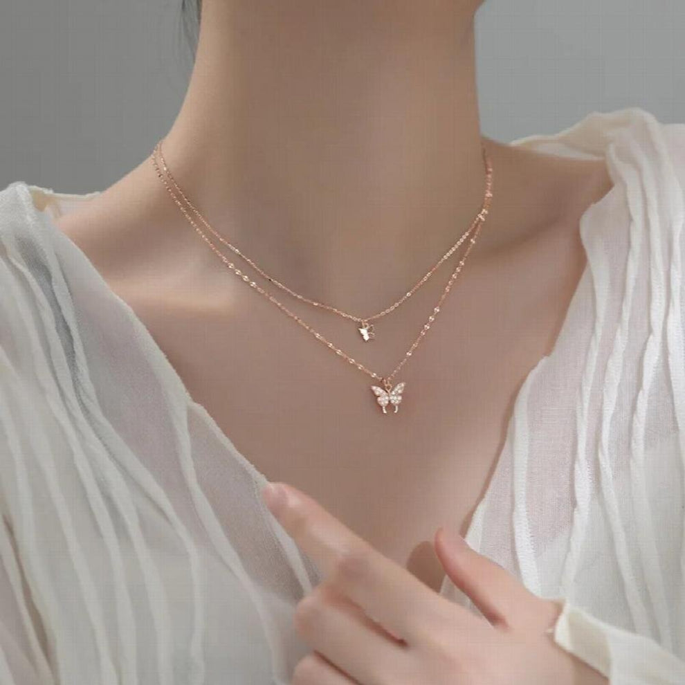 MloveAcc 925 Sterling Silver Butterfly Charm Double Clavicle Chain Chokers Necklace for Women Fine Jewelry Female Gift