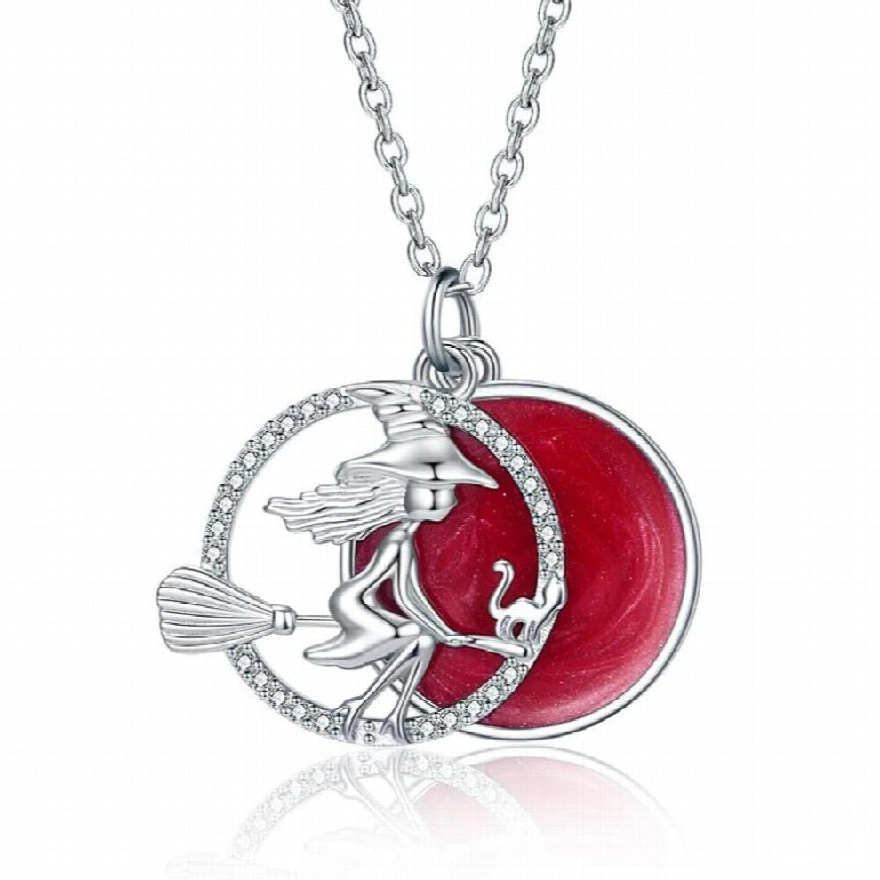 925 Sterling Silver Witch Necklace Pendant Broom with Sparkling Zirconia Ladies Fine Jewelry Halloween for Mother Women
