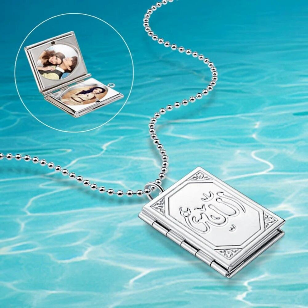 (Bead chain White-45cm) Romantic Square Photo Frame Necklaces for Women Can Be Opened 925 Solid Silver Daily Anniversary Love Keepsake Jewelry