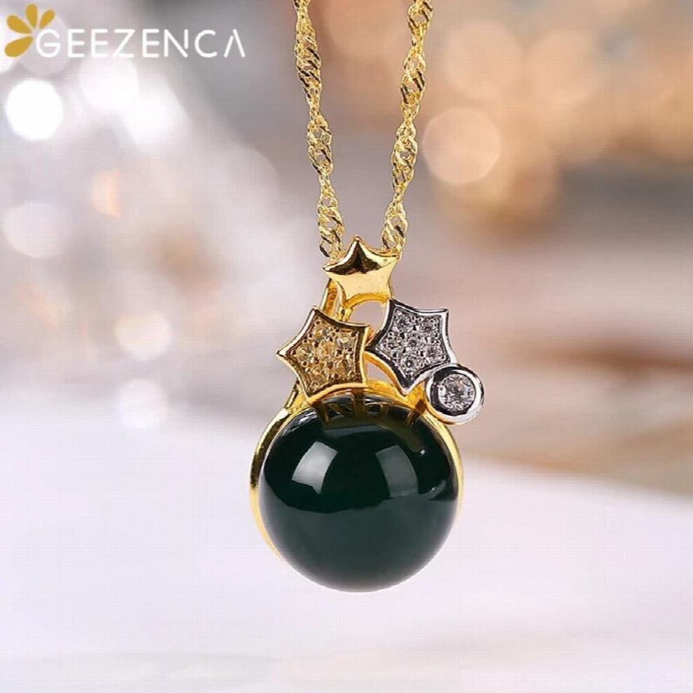 S925 Silver Goldplated Stars Natural Amber Pendant Necklace For Women 10mm Bead Chokers Necklaces Party Gift