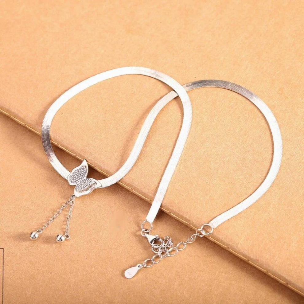 Blade Chains Necklaces Women Wide Flat Glossy 925 Sterling Silver Chains Insects Butterfly Chokers Tassels