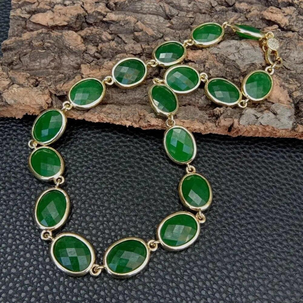 KKGEM 14x18mm Faceted oval Green Jade chokerWrap Necklace Oval Shape Faceted Bezel Set Women Jewelry Birthday Gift