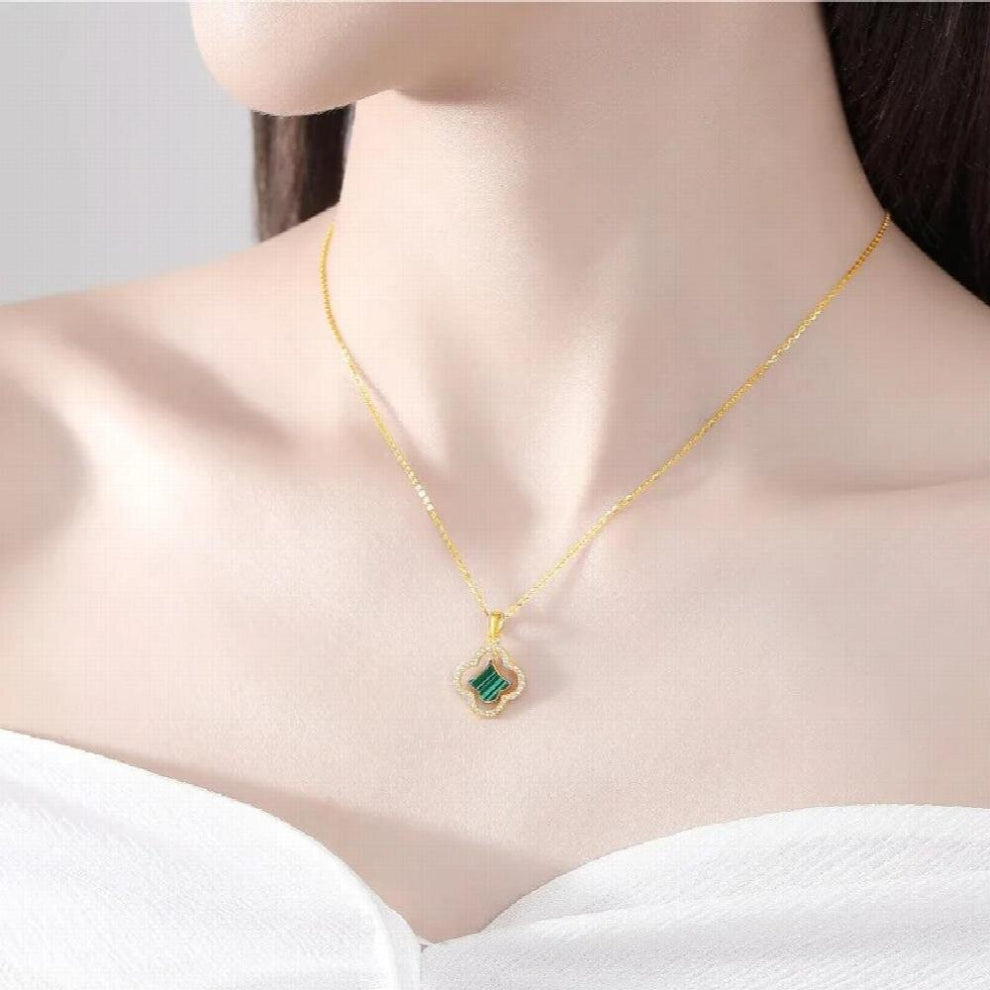 Really Lucky Natural Malachite Four-leaf Clover S925 Sterling Silver Chokers Necklaces Jade Gem Jewellery 925 Silver Necklaces