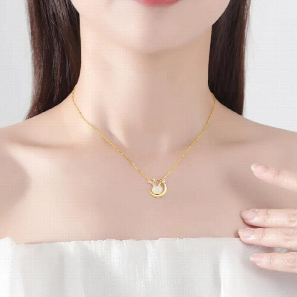Christmas Ladies Natural Jade Rabbit and Moon S925 Sterling Silver Necklaces Jade Necklaces Chokers Necklaces