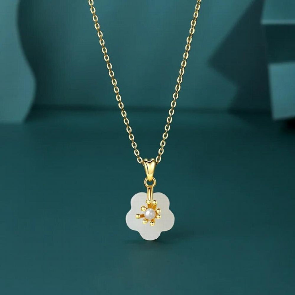 Christmas Ladies Natural Jade Peach Blossom S925 Sterling Silver Necklaces Jade Necklaces Chokers Flower Gemstone Jewelry