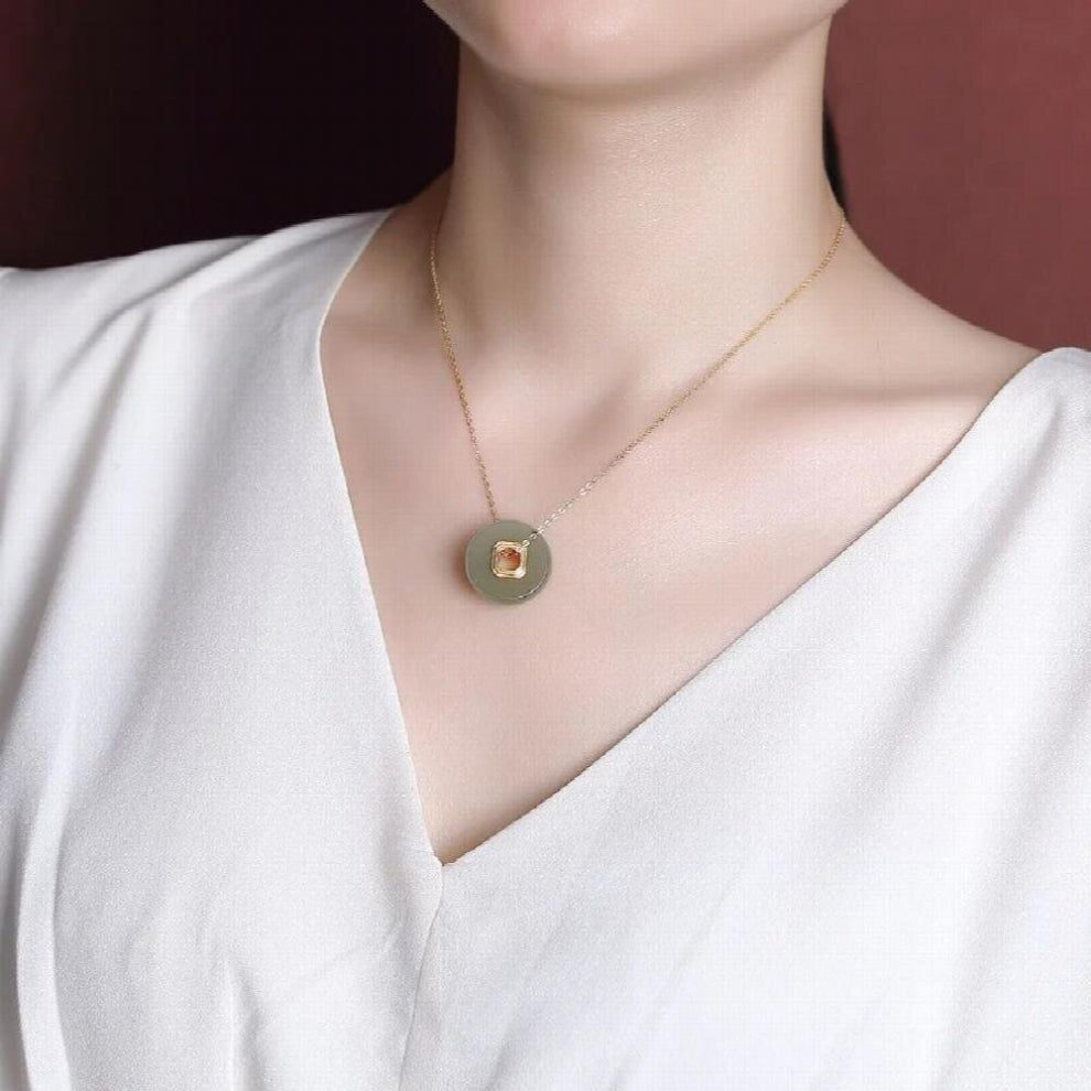Minimalist Square in Round Jade Pendants Necklaces for Women Real 925 Sterling Silver Chokers Golden Jewelry + Chains