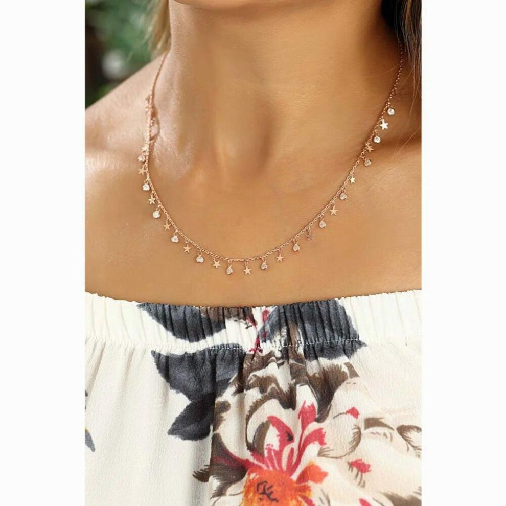 Glossy Zircon Scatters Necklace Jewelry 925 Sterling Silver Rose Plated