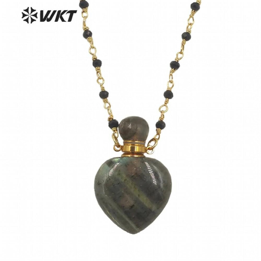 WT-N1389 Heart-shaped perfume bottle court pendant necklaceLabradorite&black obsidian&Africa turquoise