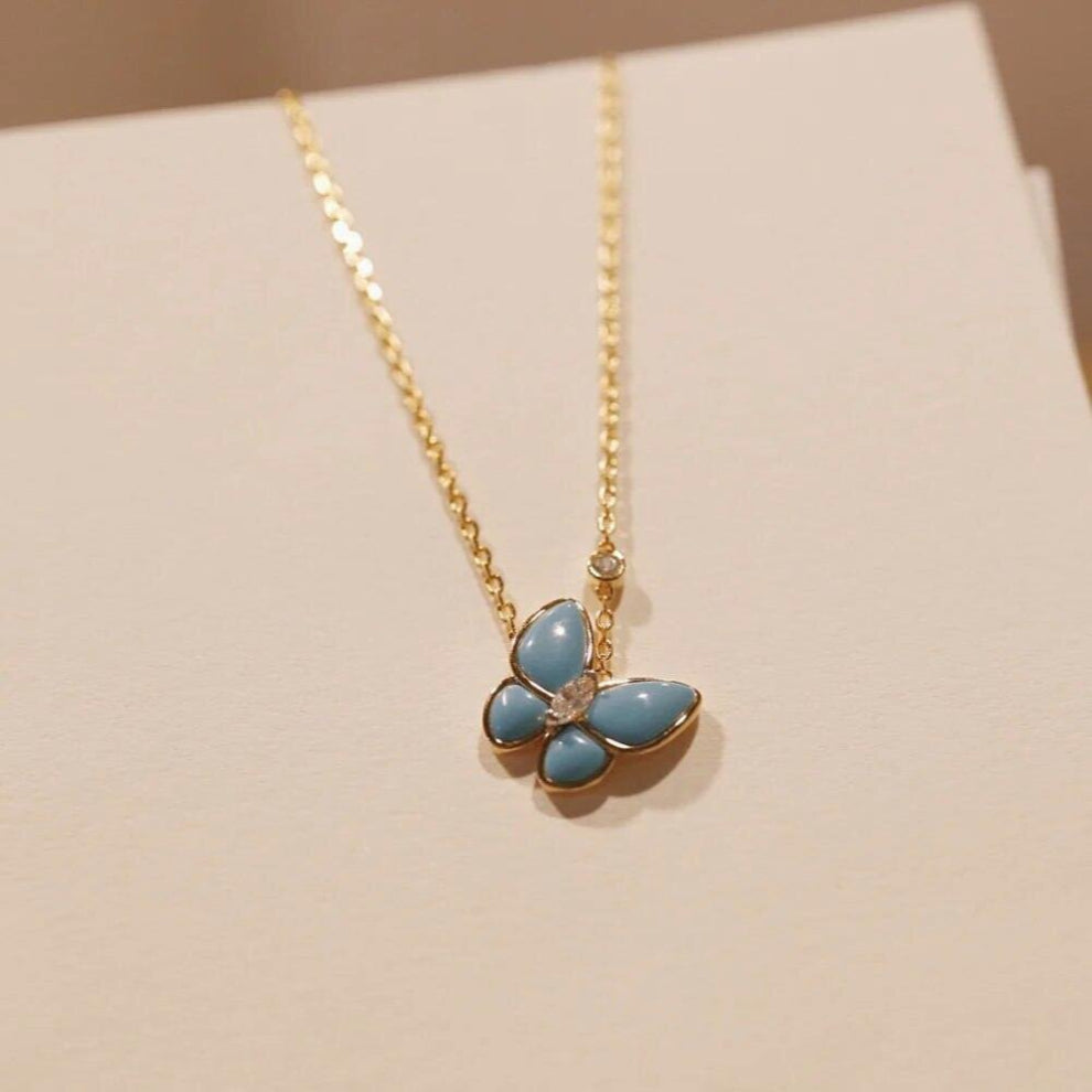 Newest 18K V Glossy Light Natural Turquoise Butterfly Pendant Necklace For Women Jewelry
