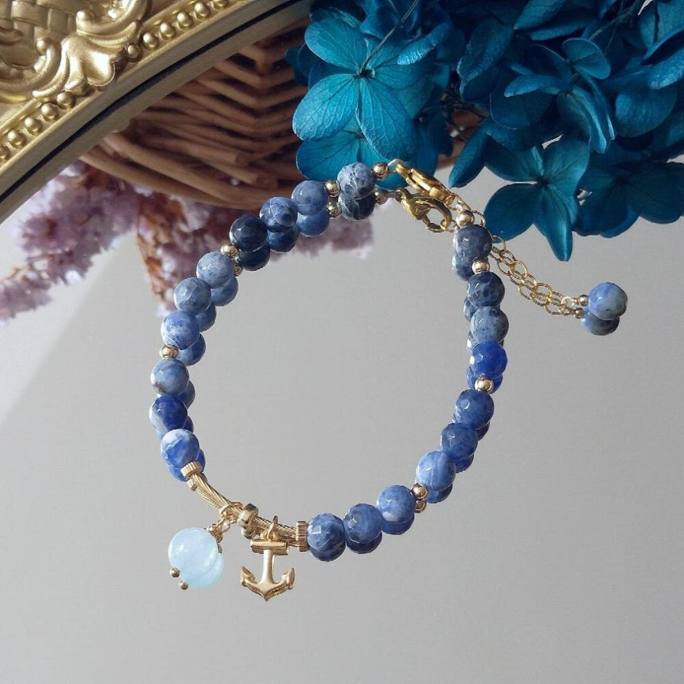Sodalite 6mm-8mm Natural Stone With Crystal14K Filled Bracelet Bohe Jewelry For Female