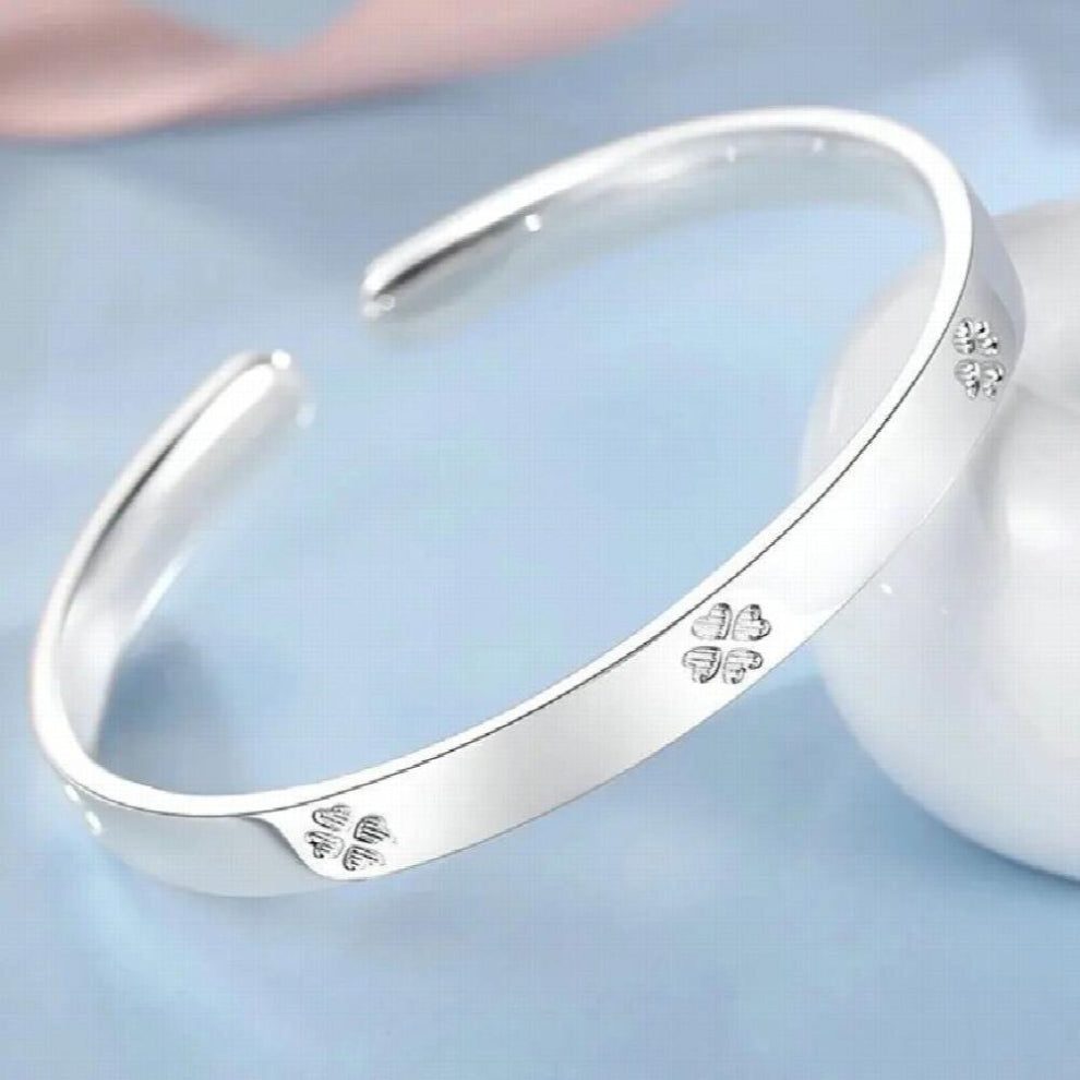 S999 Sterling Silver Ladies Bangle Clover Glossy Jewelry Gift for Girlfriend Birthday Gift