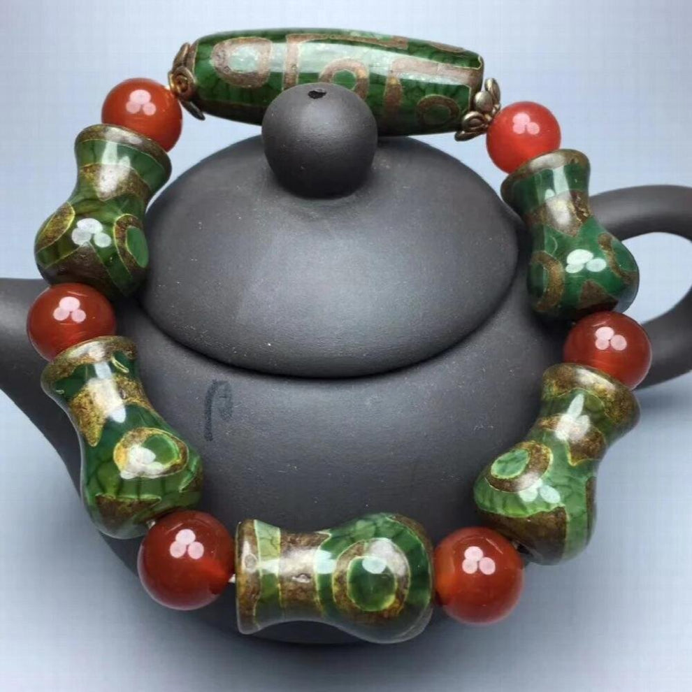 Natural Agate Three-eye Plus Nine-eye Green Vase Bead Bracelet for Men and Women Ethnic Wild Bracelet