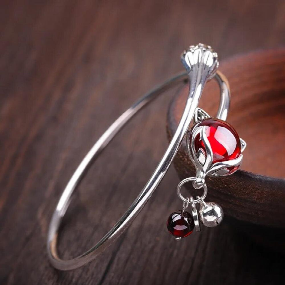 Cuties Animals Fox Bangles for Women Garnet Gemstones Open Bangles Glossy Silver 925 Sterling Silver Fine Jewelry BA632
