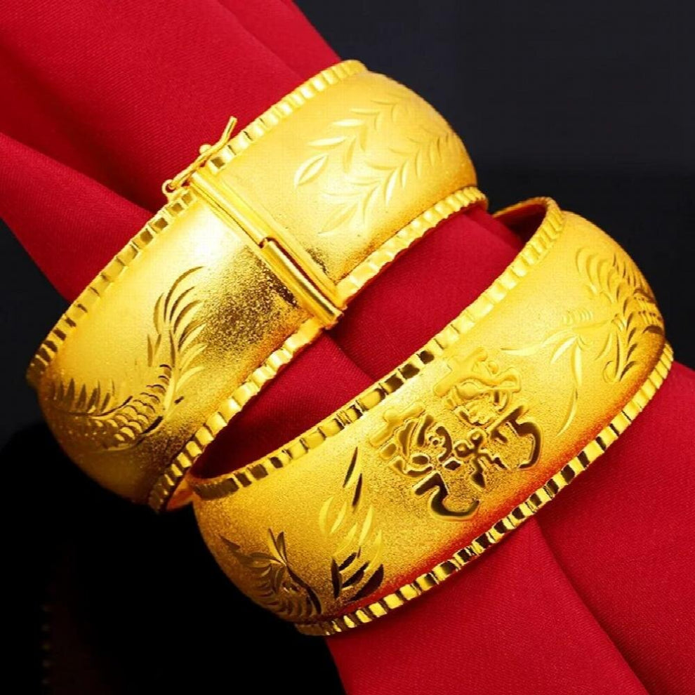 24K Yellow Bracelets Bangles for Women Glossy Dragon Phoenix Wide Bracelet Bride Wedding Fine Jewelry Gift