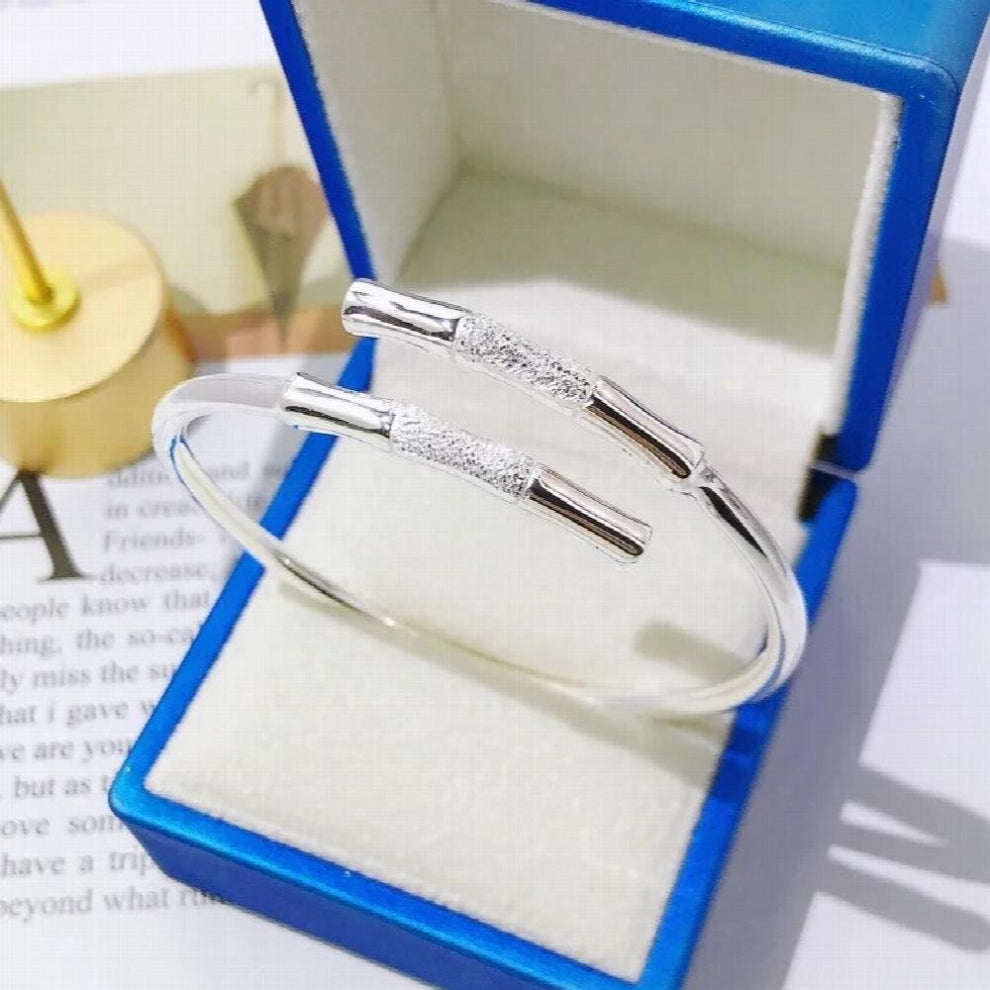 999 Sterling Silver Bracelet Precious Frosted & Glossy Bamboo Joint Pure Silver Jewelry Adjustable Opening Bangle