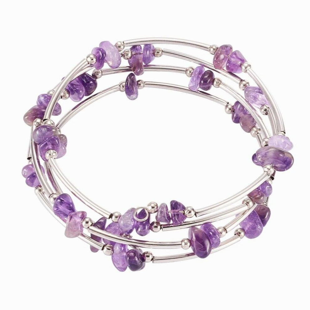 Steel Warp Bracelets Bangle with Irregular Natural Stone Chip Beads Metal Beads for Women Jewelry