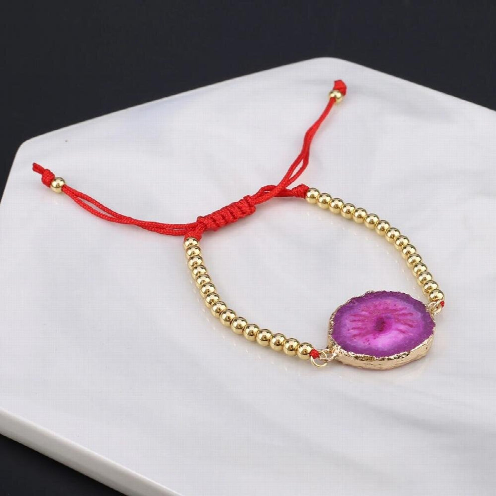Natural Stone Pendant Bracelets Healing Druse Geode Agate Stone Golden Alloy Beads Red Cord Knitting for Jewelry Gift