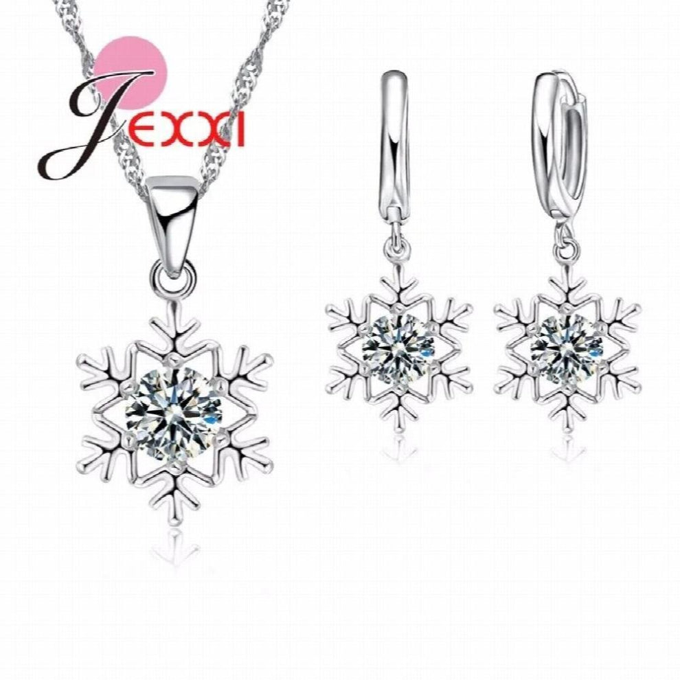 Women Snowflake Pendant Crystal 925 Sterling Silver Chain Necklace+Earrings Set Female Wedding Christmas Jewelry