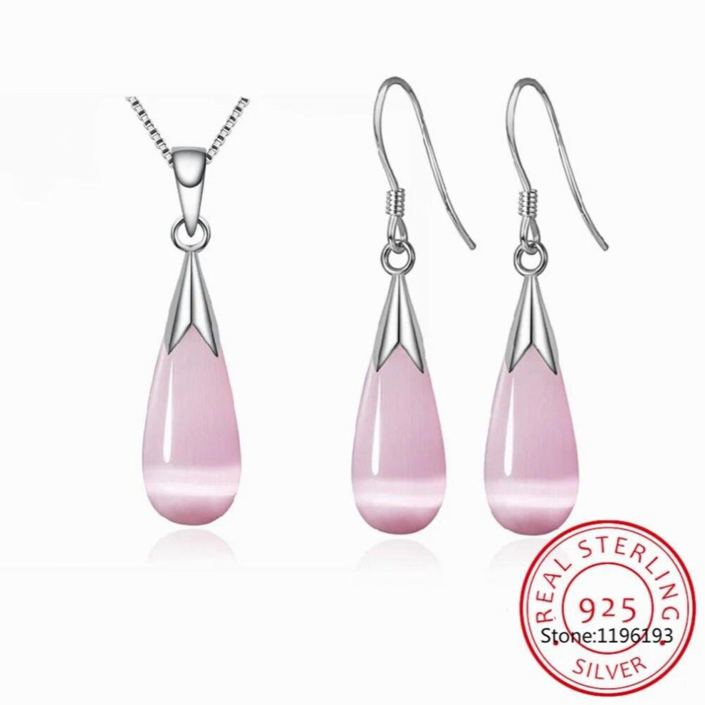 925 Sterling Silver Jewelry Sets Moonstone Opal Water Drop Necklace+Earrings joyas de plata For Women Girl Gift