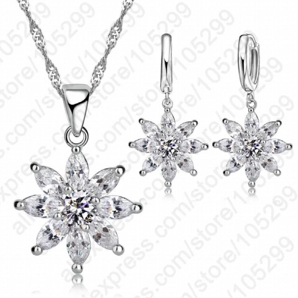 Top Romantic Flower Pendant Necklace+Earrings Set 925 Sterling Silver Clear Cubic Zircon Jewelry Set