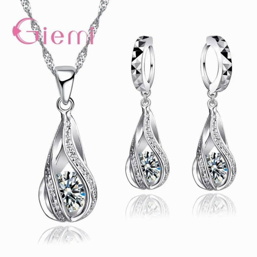 100% 925 Sterling Silver Water Drop Cubic Zircon Pendant Necklace&Earrings For Women Ladies Jewelry Sets Wedding