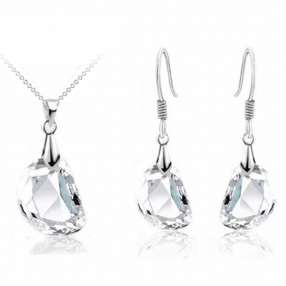 925 Sterling Silver Pendants&Necklaces Drop Earrings Clear Crystals Jewelry Set For Women Party Accessory