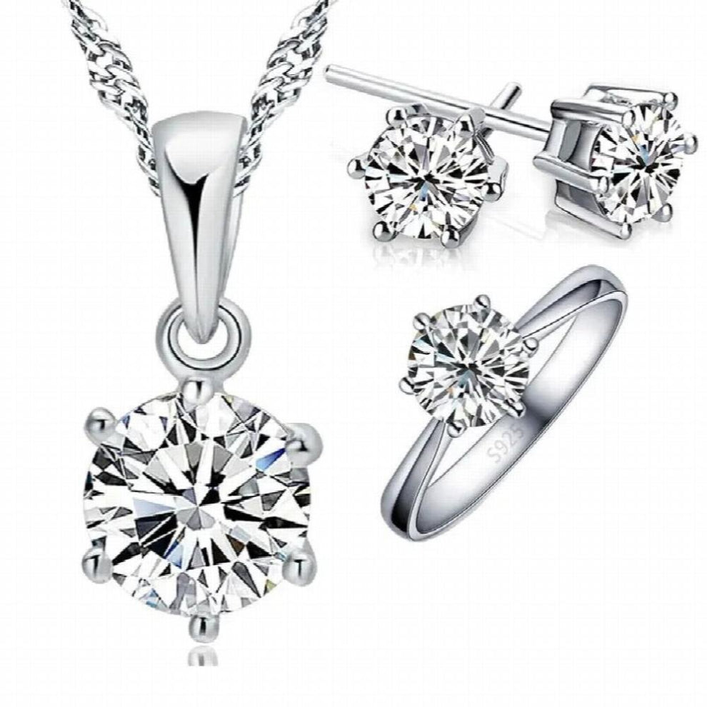 925 Sterling Silver Wedding Jewelry for Women Girls Classic Round Cubic Zirconia Necklace-Earring-Ring