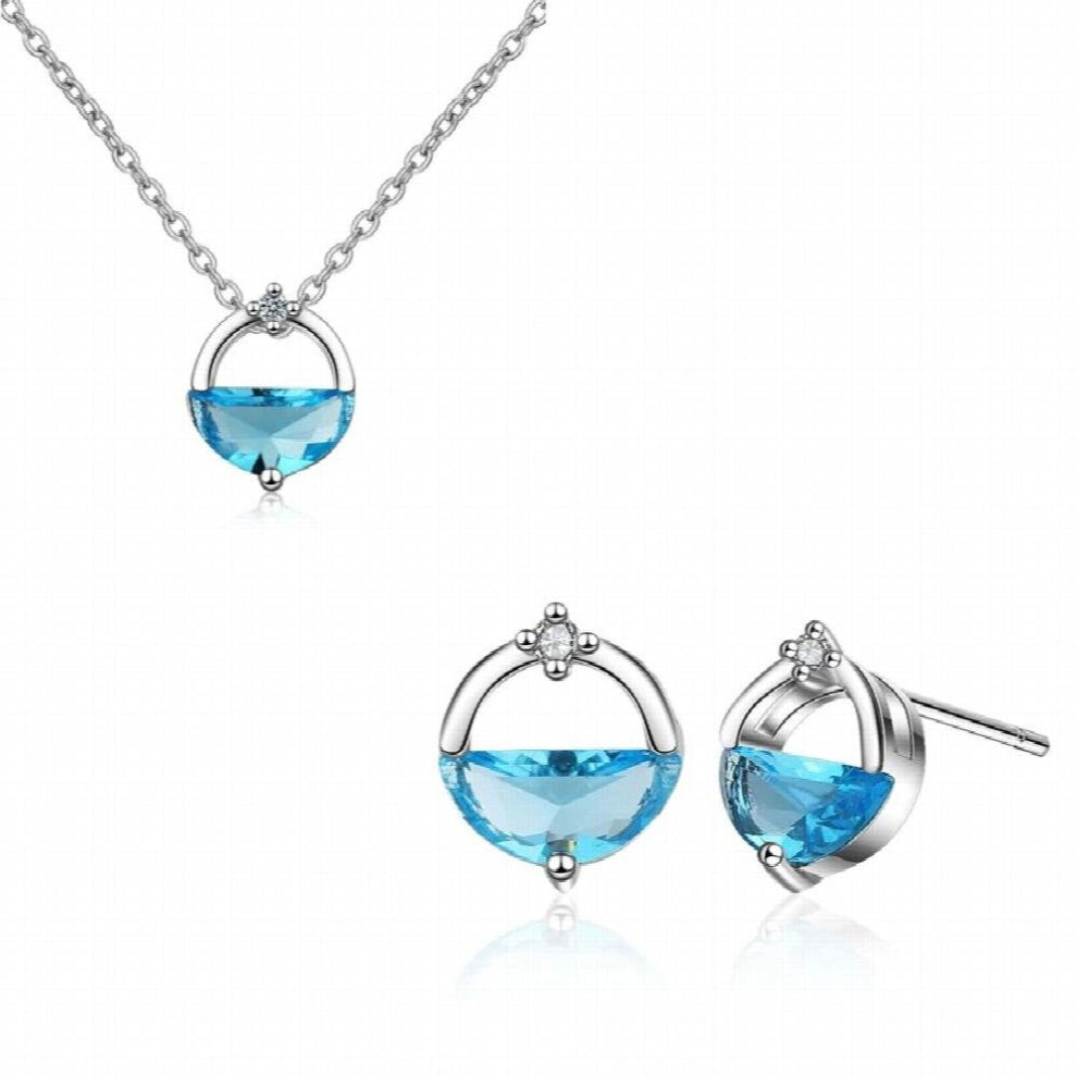 Unique Round Blue-White Crystal Water Spring Pendant Necklace+Earrings 925 Silver Needle Jewelry Set For Women