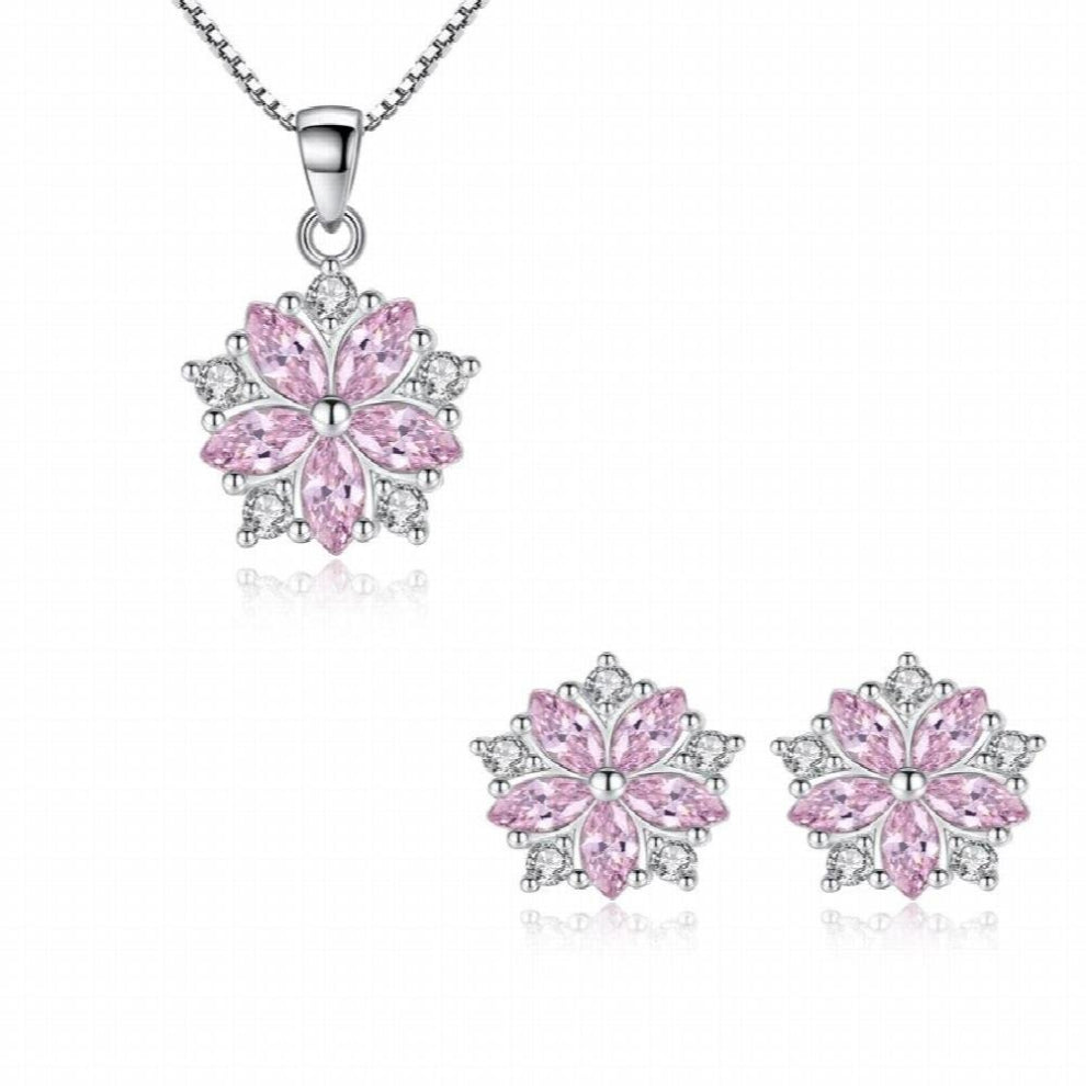 Silver Pink Zircon Cherry Blossoms Flower Necklace+Earrings Jewelry Set For Women Girl Choker Brincos