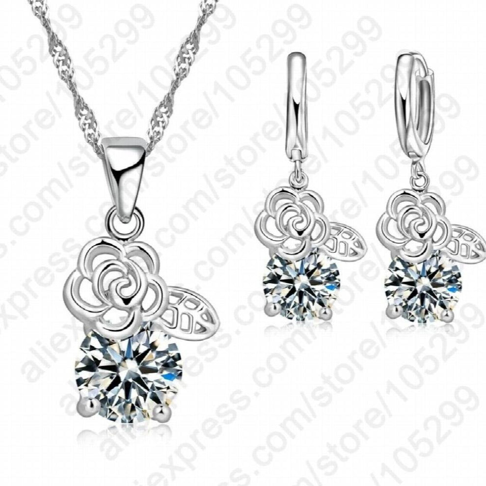 Top 925 Sterling Silver Cubic Zircon Hollow Out Flower Pendant Necklace-Earring Jewelry Sets Women