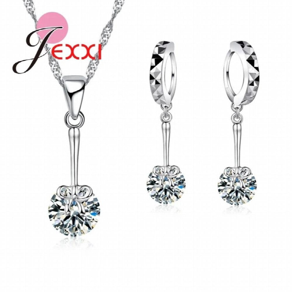 Girls 925 Sterling Silver Couple Jewelry Set Sweet Bow CZ Crystal Drop Earrings+Necklace Fast
